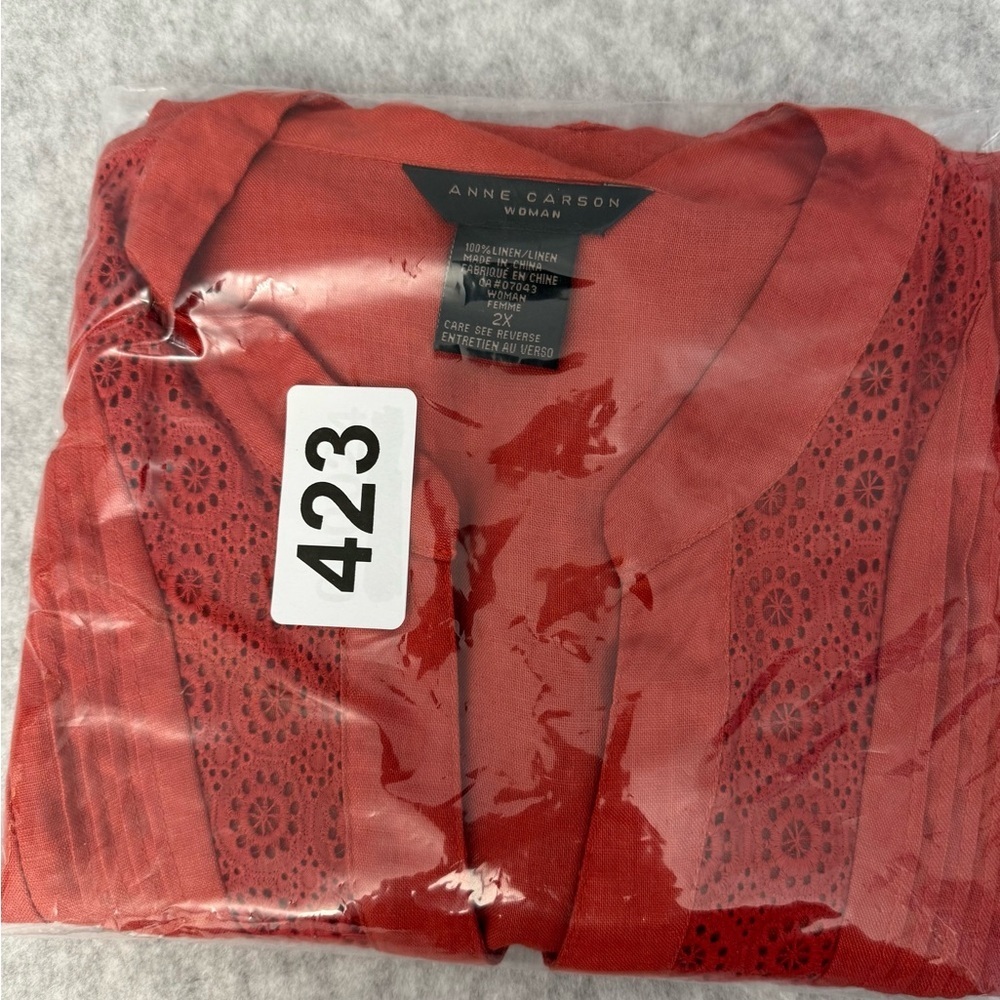 Anne Carson 100% Linen Orange Red Boxy Blouse with Mandarin Collar sz 2X - Picture 8 of 9